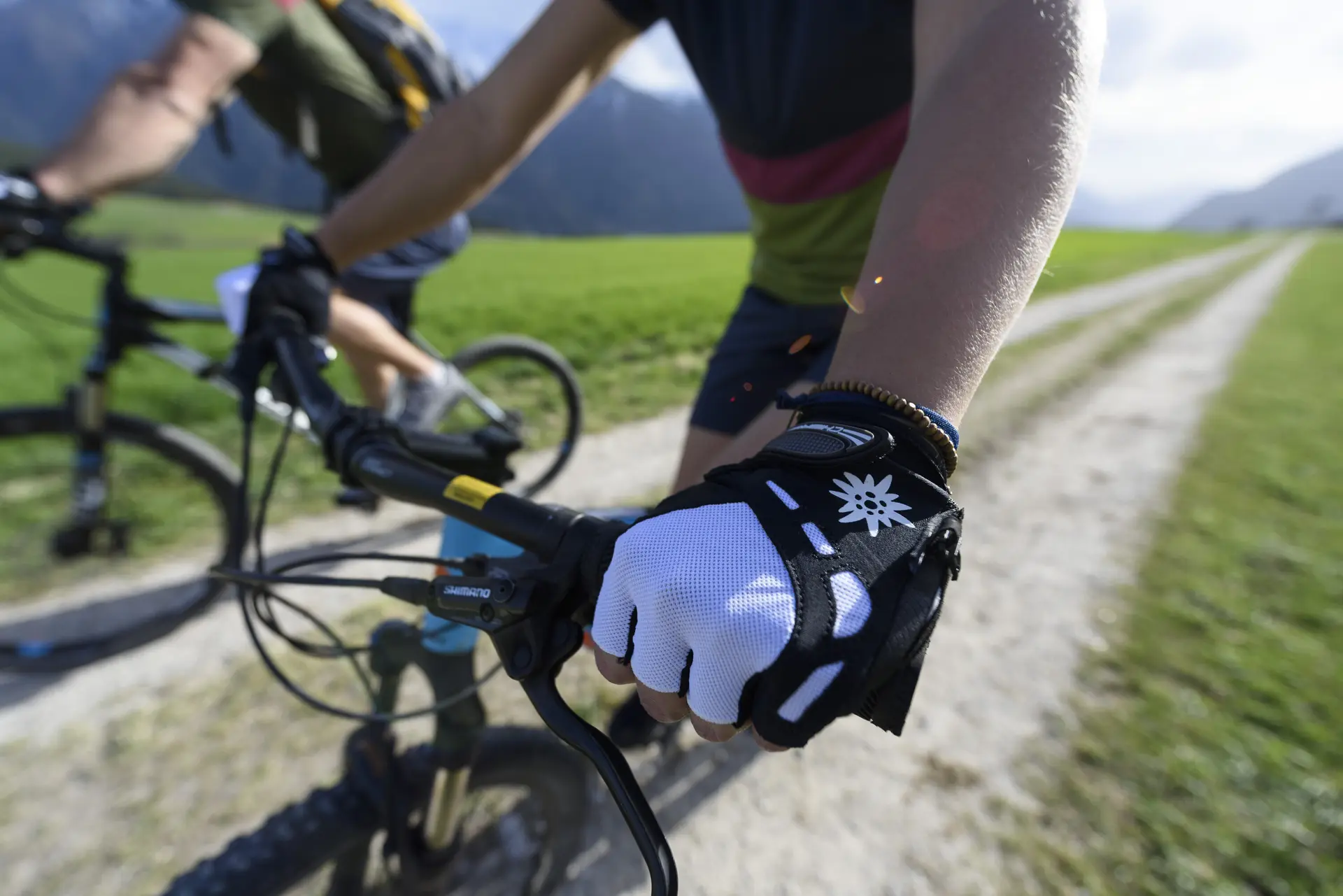 Zwei Personen fahren mit ihren Mountainbikes durch die Natur. Im Hintergrund die Berge. | © DAV/Wolfgang Ehn